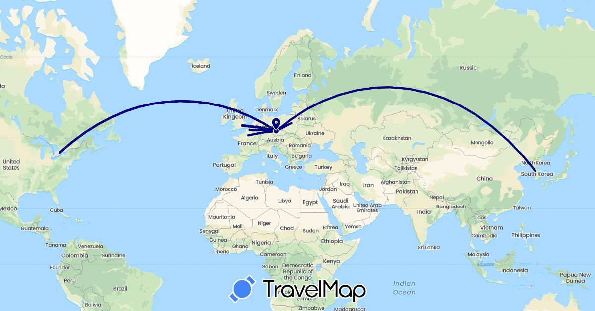 TravelMap itinerary: driving in Canada, Czech Republic, Germany, France, United Kingdom, South Korea, Poland (Asia, Europe, North America)